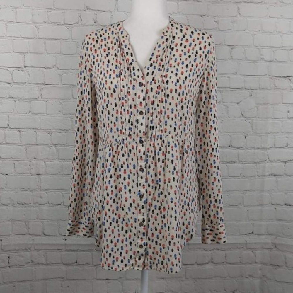 Maeve Anthropologie Women Multicolored Roll Tab Sleeve Button Front Top Size 8